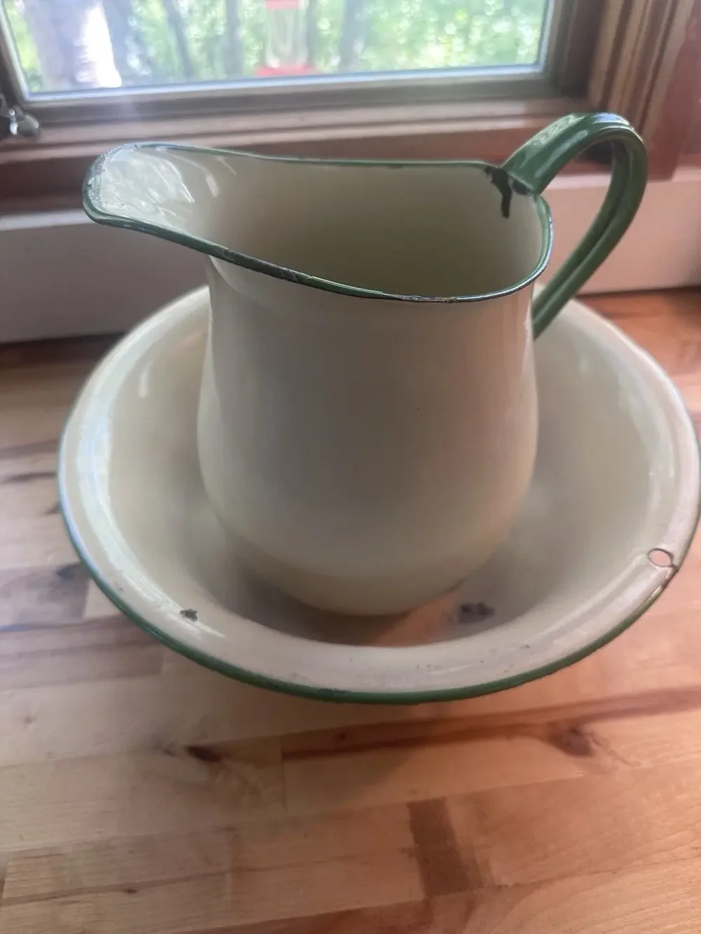Vintage Enamelware Pitcher and Basin Wash Set Cream Green Rim Farmhouse Antique